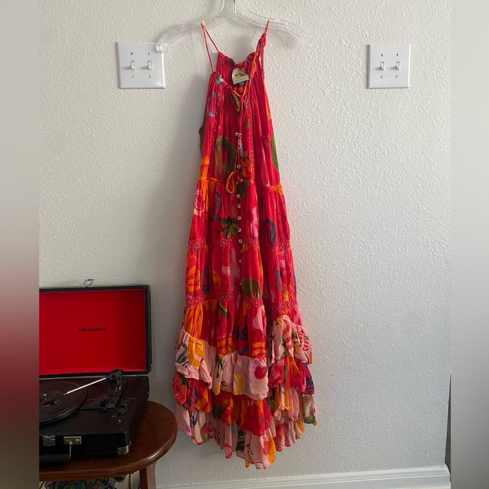 Farm Rio Mixed Fruits Ocean Tiered Midi-Dress Size Small